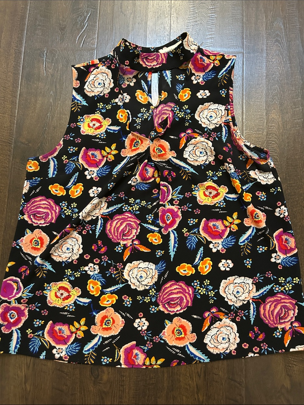 Monteau Black Mock Neck Sleeveless Top with Multicolor Floral Print